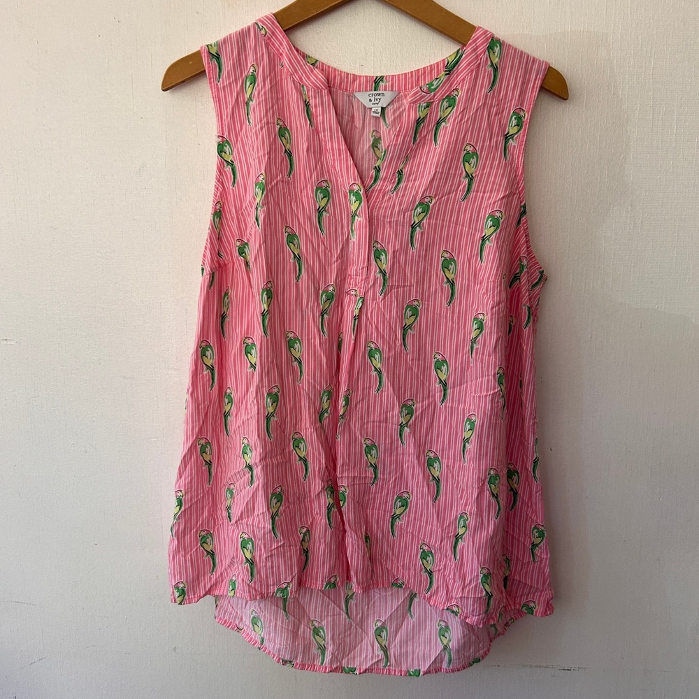 Crown & Ivy Blouse Womens 1X Pink Stripe Parrot Print Sleeveless Tropical Preppy